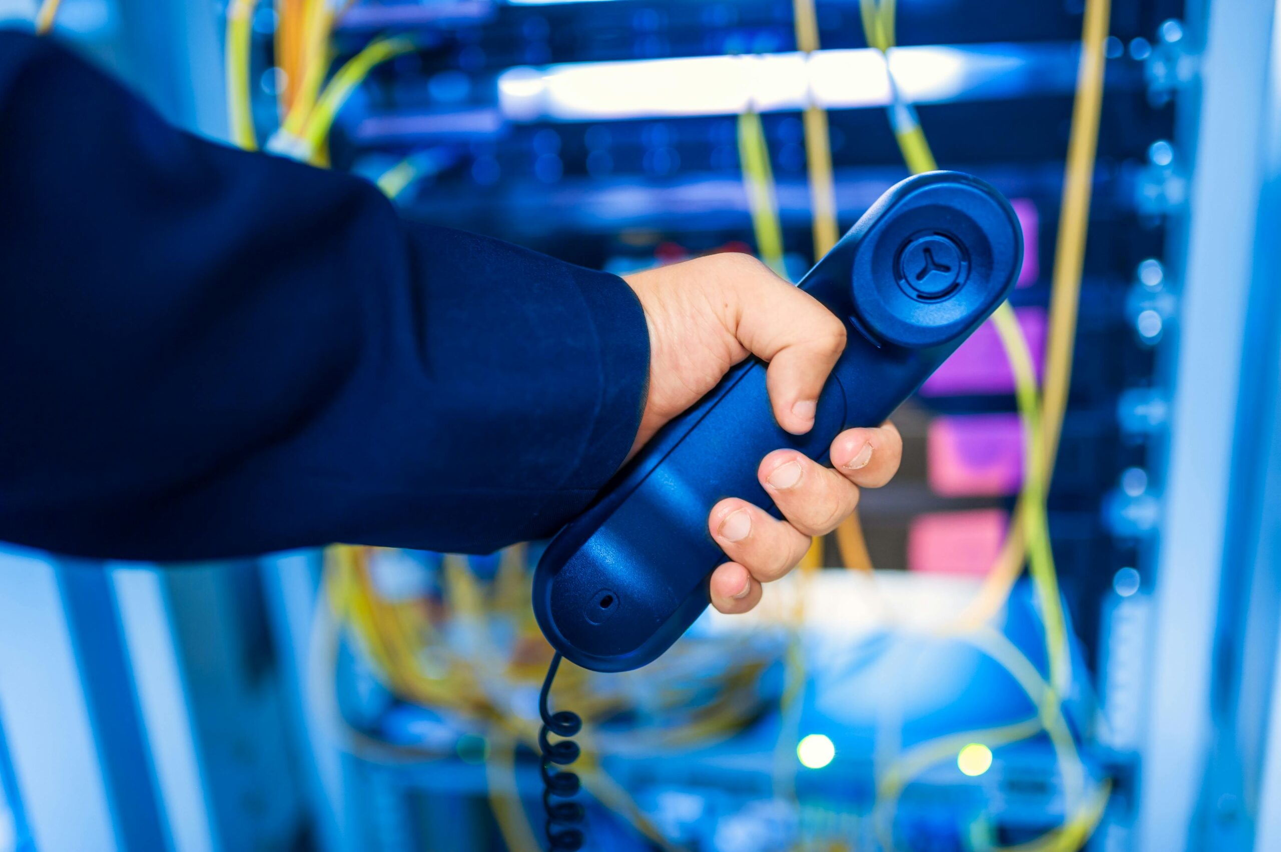 a black landline phone held by a hand